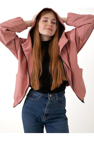 Spor Kadın Kapüşonlu Su Ve Rüzgar Geçirmez Cepli İçi Astarlı Oversize Mevsimlik Yağmurluk Pudra