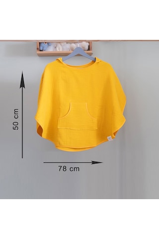 Organik Pamuk, Kapüşonlu Müslin Çocuk Pançosu - Sarı 12 - 36 Ay