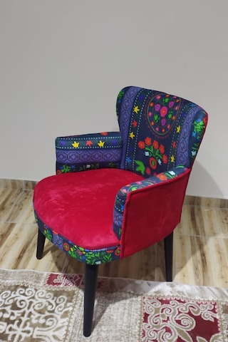 Kayser Home Berjer - Tekli Koltuk - Etnik Desen - Ahşap Ayak - Nubuk Kumaş - Kırmızı Kırmızı