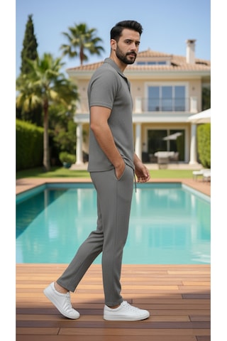 Fifty Color Unisex Trend Bürümcük Krinkıl Kumaş Yazlık Likralı Kısa Kol Tişört Eşofman Takım Gri