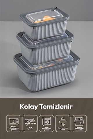 Vienev 3'lü Vip Dikdörtgen Mikrodalga Ve Difrize Uygun Saklama Kabı Seti Gri 1x 1750,1050,600 Ml Antrasit