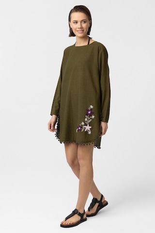 Yeşil Nakış İşlemeli Uzun Kollu Pamuklu Bluz Elbise Yeşil