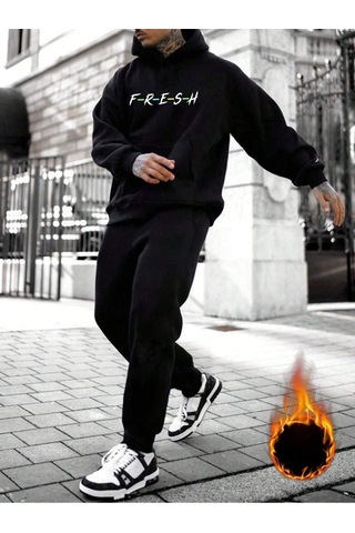 Fresh Eşofman Takımı Sweatshirt Jogger - Siyah Baskılı Şardonlu Kapüşonlu Siyah