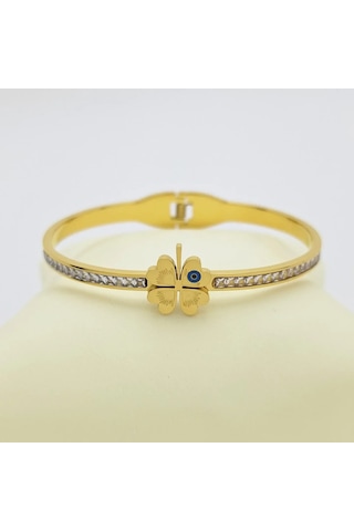 Taşlı Yonca Çelik Kelepçe Gold