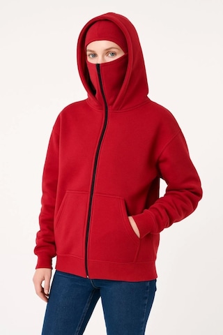 Samuray Ninja Çift Kapüşonlu Hoodie Oversize Kanguru Cepli, Bahar - Kışlık Fermuarlı Sweatshirt- Kırmızı Kırmızı