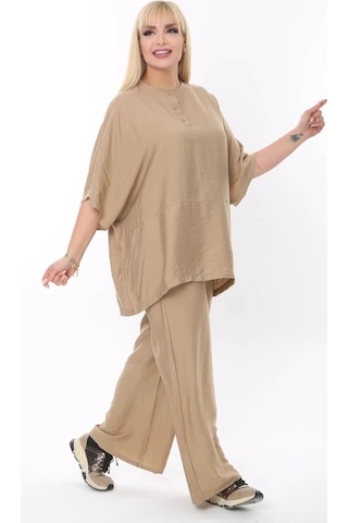 Mia Butik Büyük Beden Bej Yuvarlak Yaka Salaş Takım Bej