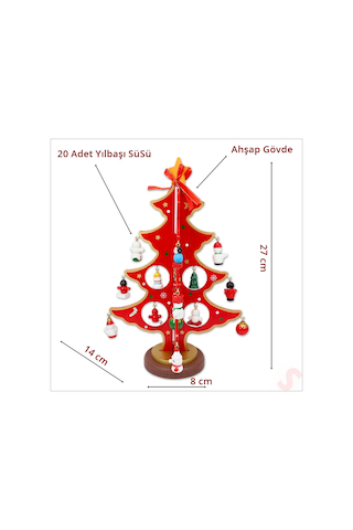 20 Parça Süslü Ahşap 27cm Mini Yılbaşı Ağaç Seti - Kırmızı