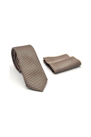 Beyaz Küçük Kare Desenli Bej Dokuma Kumaş Mendilli Slim Fit Kravat // Sdk-2511-7 Bej