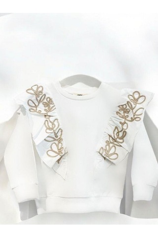 Kız Çocuk Pamuklu Orta Kalınlık Omuzları Fırfırlı Ve Nakışlı Sweatshirt-14447 Ekru
