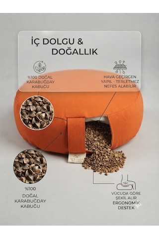 Doğal Karabuğday Kabuğu Dolgulu Meditasyon Minderi Zafu Turuncu 35x12 Cm