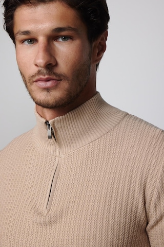 Tudors Slim Fit Dar Kesim Dik Yaka Fermuarlı Desenli Bej Erkek Triko Kazak-28924 Taş - Ekru