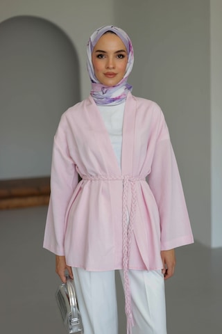 Moonsc Keten Kimono Kemerli Pembe