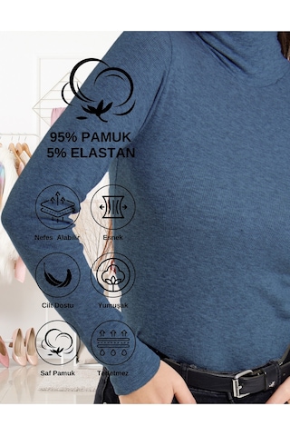 Alya Underwear Kaşkorse Tam Boğazlı Body Sweatshirt, Fitilli Kumaş, Likralı, Gül Kurusu İndigo Melanj