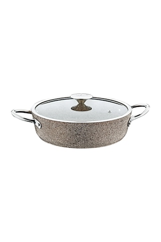 3316 - 2 Parça, Bio Granit, İndüksiyonlu, 26x7,5 Cm-3,2 Litre Basık Tencere K.bej Gövde,platin Detay Kum Beji