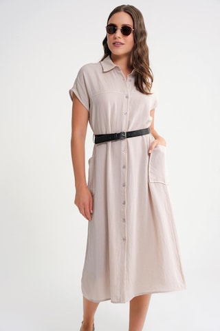 4453 Kadın Keten Cepli Midi Kemerli Elbise Taş Taş