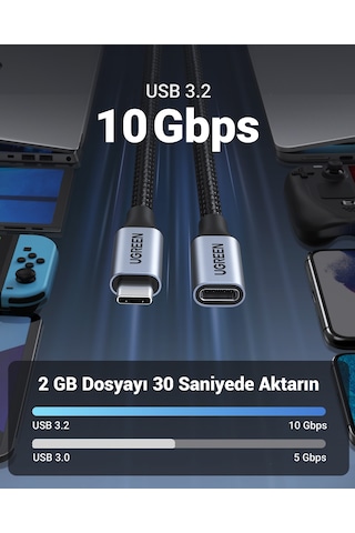Ugreen Usb-c Erkek - Usb-c Dişi Gen-2 Örgülü Uzatma Kablosu 1 M, Uzay Grisi, 30205