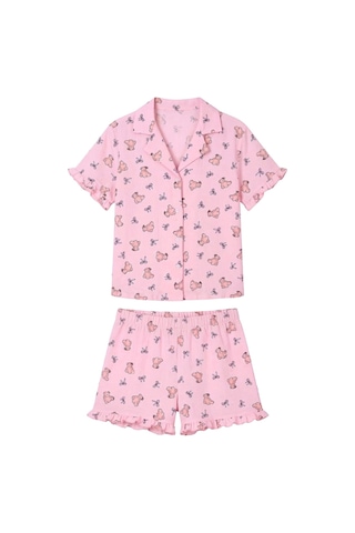 Cottonhill Pudra Ayıcık Desenli Bürümcük Gömlek Yaka Kadın Şortlu Pijama Takımı