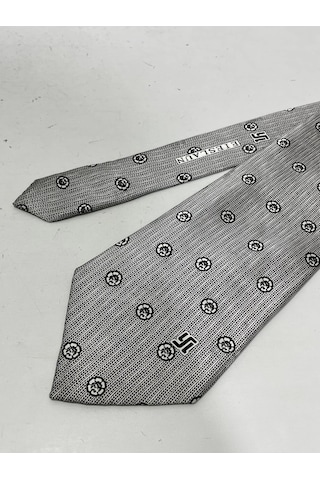 El Yapımı Desenli Gri İpek Kravat K14 Altın - Gri
