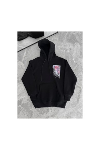 Butik İstanbul Uzun Kol Kapşonlu Ön Ve Arka Baskılı Sweatshirt - Siyah