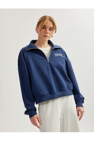 Koton Üç İplik Uzun Kollu Dik Yaka Yarım Fermuarlı Sweatshirt Lacivert 5sak10175ek Lacivert