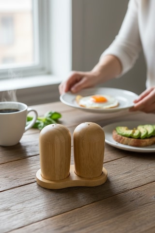 Doğal Bambu Tuzluk Biberlik Seti Standlı 8 Cm Ahşap Beyaz Diğer