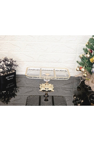 Paşabahçe Elegance Bölmeli Gold Döküm Ayaklı Sunum Kayık Dikdörtgen Tabak & Servis Tabak 27 Cm Beyaz