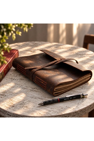 El Yapımı Hakiki Deri Defter Kişiye Özel Vintage Seyahat Günlük Not Defteri Kahverengi - Taba