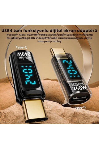 Polham 8k Hdmi, 40gpbs Ve 240w Süper Hızlı Dişi Type C To Erkek Type C Şarj, Data Ve Hdmi Çevirici Adaptör