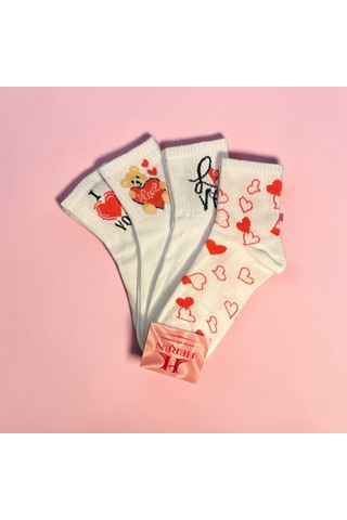 Heren Socks Kalp Love Temalı 4'lü Kolej Boy Kadın Soket Beyaz
