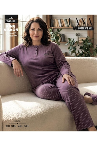 Lana Kadın Battal Pamuk Likralı Raporlu İnterlok Kışlık Pijama Takımı 245/10 - 1 Adet Mürdüm