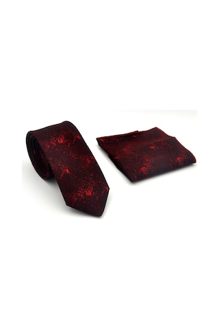 Gaffy Kırmızı Desenli Bordo Dokuma Kumaş Mendilli Slim Fit Kravat // Sdk-2613-4 Bordo