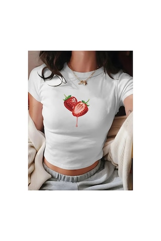 Nevermind Kadın Crop Baby Tee Çilek Baskılı Dar Kesim Pamuk Y2k Esteti Beyaz