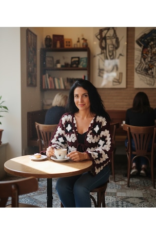 Artepieza Kısa Kesim Bordo Koton İplik Motifli Bolero Hırka-bordo Siyah Krem Renginde Bağlamalı El Örgüsü Kısa Bolero Çok Renkli