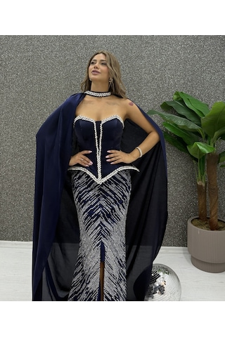 E&A Eren Abiye Lacivert Çıkarılabilir Pelerinli Taş İşlemeli Balık Model Straplez Maxi Abiye