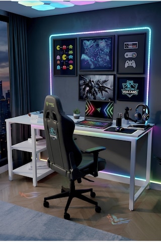 Reflekta Raflı Oyuncu Masası 60x160 Cm. Gaming Masa Demonte Beyaz-beyaz