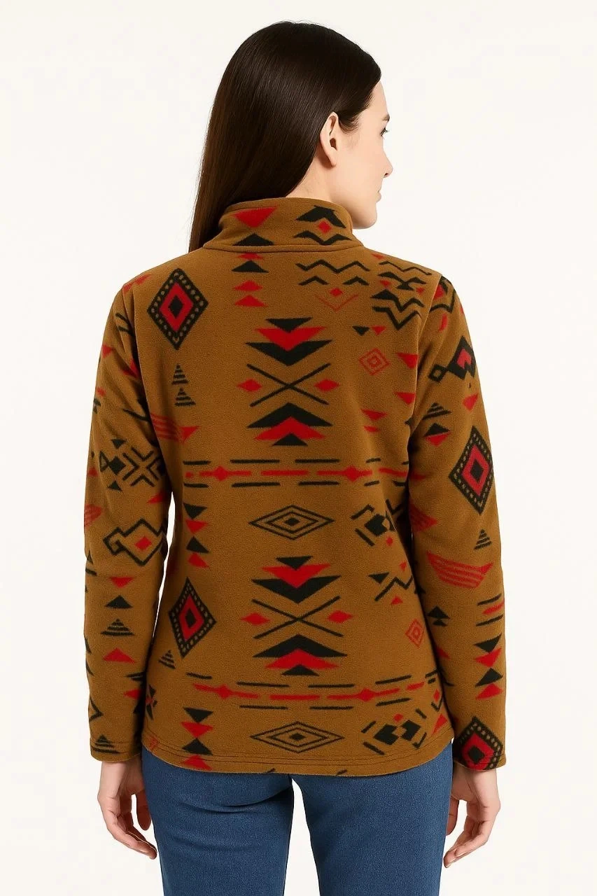 Kadın Yarım Fermuarlı Desenli Polar Sweat Tribal Etnik Desen Yakalı, Uzun Kollu, Oversize Rahat Kalı Kahverengi