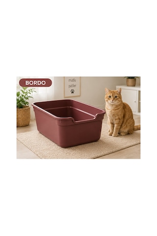 Pribor Kedi Tuvalet Açık Geniş, Pratik Ve Kolay Temizlenebilir 49 X 38 X 18,5 Cm Bordo