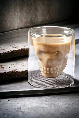 3'lü Kuru Kafa Tasarımlı Çift Cidarlı Cam Bardak Kahve Sunum Bar