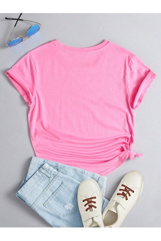 Renkli Kalpler T-shirt - Pembe Baskılı Oversize Bisiklet Yaka Kısa Kol Tişört Pembe