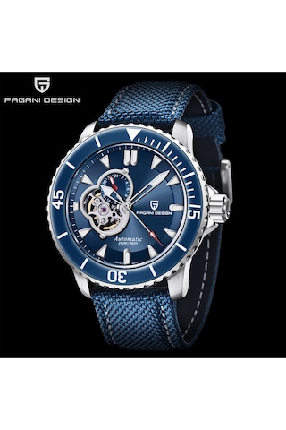 Pagani Design Pd-1674 Erkek 200m Su Geçirmez Tourbillon Saat Otomatik Mekanik Saat Safir Kristal Paslanmaz Çelik Gümüş - Mavi