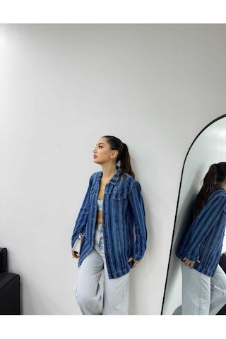 Shevega Kadın Çizgili Mavi Işlemli Boyfriend Kot Ceket Mavi