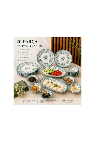 Porser Velour Green 20 Parça Kahvaltı Takımı , Porselen Kahvaltı Takımı Yeşil