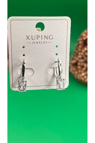 Xuping Gümüş Renk Kare Zirkon Taşlı Kadın Çelik Küpe Gümüş