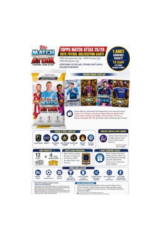 Topps Match Attax 25/26 Uefa Futbol Koleksiyon Kartı 1 Adet Sürpriz Paket 12 Kart 4 Özel Insert