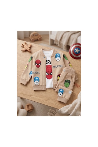 Deniva Kids Erkek Bebek Bej Fermuarlı Hırka Tshirt Ve Eşofman Altı 3'lü Takım