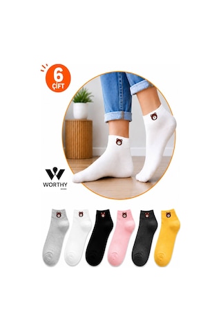 Worthy Socks 6 Lı Ayıcık Desenli Patik Çorap Seti Pamuklu Günlük Çorap Renkli