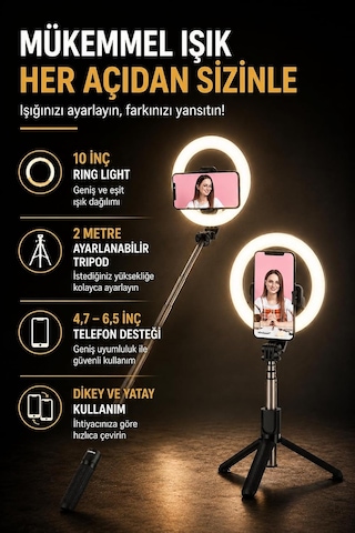 Ayrex 10 İnç Ring Light 2 Metre Tripod Bluetooth 5.2 Kumandalı Np-l14