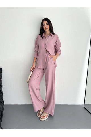 Mbb E-ticaret Kadın Gömlek Pantolon İkili Alt-üst Takım - Toz Pembe