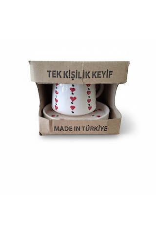 Kalp Desenli Büyük Boy Seramik Kahve Fincanı - Filtre Kahve Ve Double Kahve İçin Beyaz  - Kırmızı