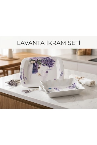 Noble Life Lavanta Desenli 2 Parça Dikdörtgen Ikram Ve Sunum Seti Beyaz